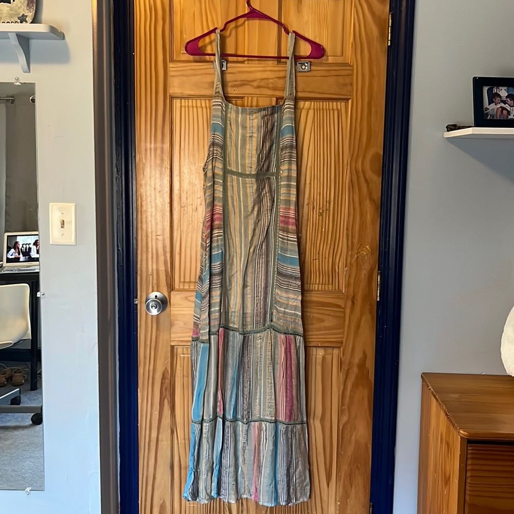 Sleeveless multicolored maxi dress. Well worn, long straps. Free People, size m.